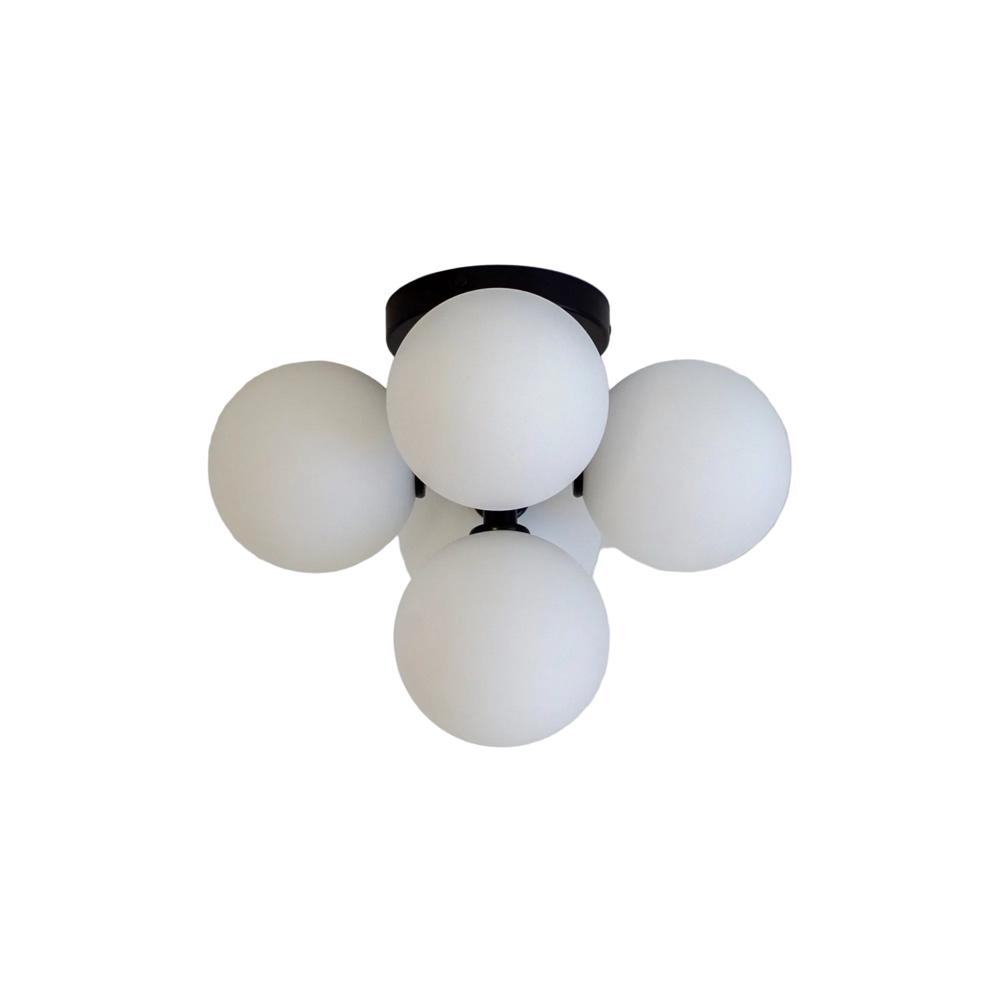 Black Flush Mount Chandelier with Soft White Glass Spheres